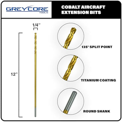 Greycore Tools 1/4 Inch x 12 Inch Cobalt Aircraft Extension Bit – M35 Cobalt Drill Bit, Industrial Titanium Coating – Drill Bits for Steel, Hard Metal, Cast Iron, Wood, Plastic (1/4" x 12") - size: 1/4" x 12", style: 12" Length