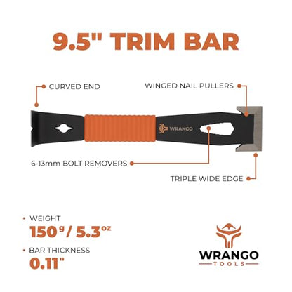 9.5" Trim Bar Pry Bar - Patented Small Pry Bar with Bolt Remover & Nail Puller for Home Improvement & Construction - Flat Bar with Shock-Absorbing Grip & Wide Winged Ends, 2pk - color: 2 Pack
