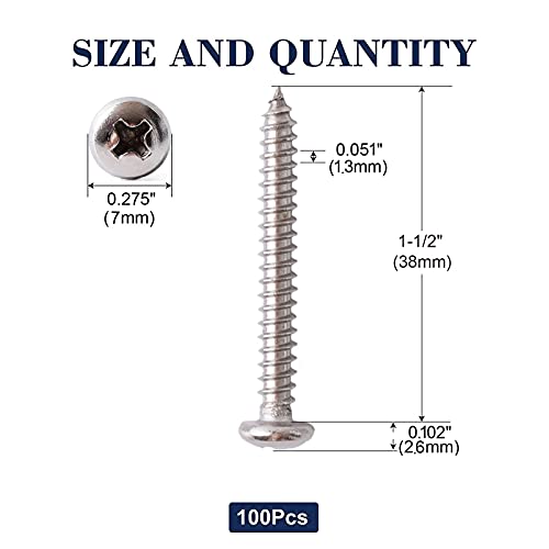 #7 x 1-1/2" Wood Screw 100Pcs 18-8 (304) Stainless Steel Pan Head Fast Self Tapping Drywall Screws by SG TZH - size: #7 x 1-1/2"