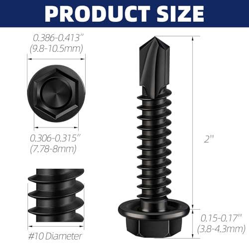 #10 x 2 (1/2" to 3" Available) Hex Washer Head Self Drilling Sheet Metal Screws with Drill Point, Stainless Steel 410, Black Oxide, 50 PCS - color: Black, size: #10 x 2"