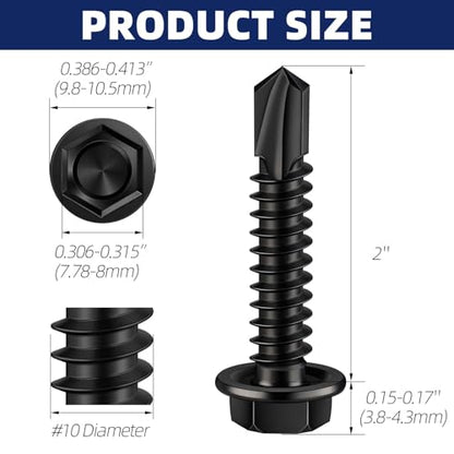 #10 x 2 (1/2" to 3" Available) Hex Washer Head Self Drilling Sheet Metal Screws with Drill Point, Stainless Steel 410, Black Oxide, 50 PCS - color: Black, size: #10 x 2"