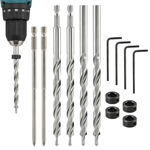 4 Pcs 3/8" Pocket Hole Drill Bit with Depth Stop Collars & SQ2 Screwdriver Bit Set, 1/4" Hex Shank & Round Shank Replacement Drills for Manual Pocket Hole Guide Jig Master System