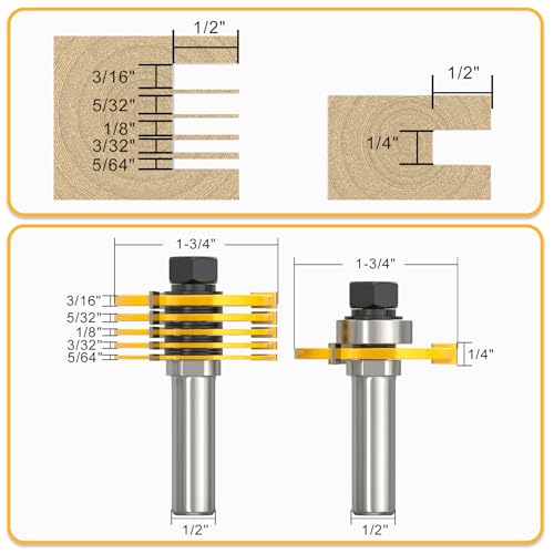 MEANLIN 1/2" Shank Slot Cutter Router Bit Set, 6 Size Cutting Thick: 5/64", 3/32", 1/8", 5/32", 3/16", 1/4"