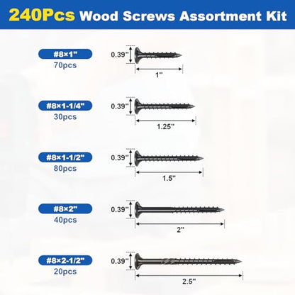#8 Wood Screws Assortment Kit, 240Pcs 5Sizes Screws Set Assorted Screws - size: #8(5Sizes)—240pcs