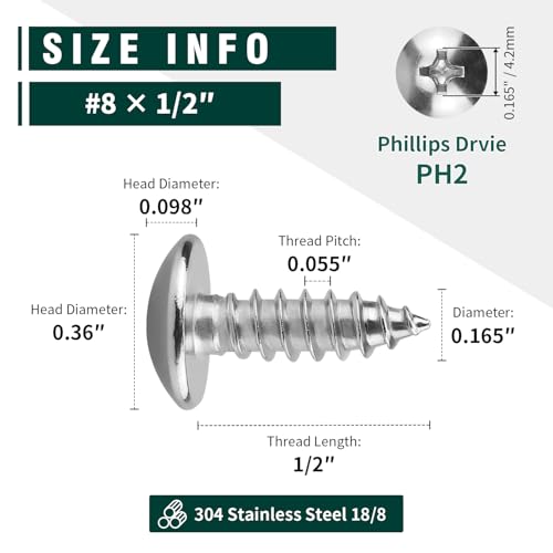 #8 x 1/2" Truss Head Wood Screw, Phillips Truss Head Self Tapping Sheet Metal Tek Screw, 18-8 Stainless Steel 304, Brgiht Finish, 100 PCS - size: #8 x 1/2"