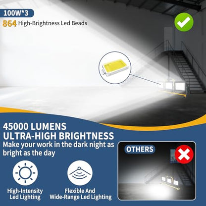 30000LM LED Work Light with Stand & Tripod 3 Head Dimmable IP66 - color: 3 Pack