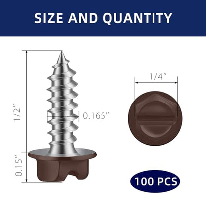 #8 x 1/2" Brown Painted Hex Washer Head Self Tapping Screws, Self Piercing Gutter Screws, Socket Bit Included, 100 PCS - color: Brown, size: #8 x 1/2"