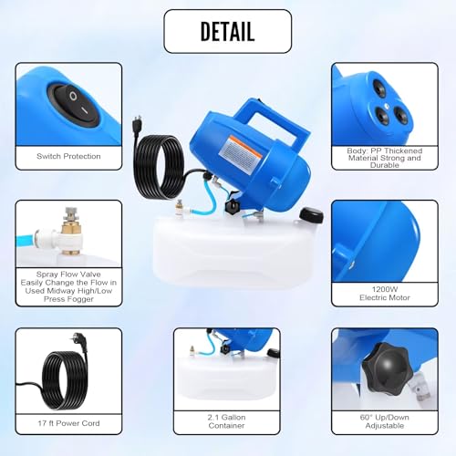 8L(2.1 Gallon) Tank, Portable Electric ULV Cold Fogger 1200W Adjustable Flow Fine Mist Sprayer with Long 17ft Power Cord for Home, Garden, Cleaning
