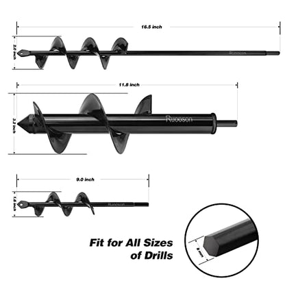 3Pcs Garden Drill Auger Planter, 1.6x9 +2x16.5 +3.2x11.8 in>Ruooson Spiral for Planting Flower Bulb Auger, Rapid Planter Digger for 3/8" Hex Drive (1.6x9 in+2x16.5 in+3.2x11.8 in) - size: 1.6x9 +2x16.5 +3.2x11.8 in