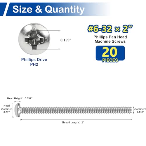 20 Sets #6-32 x 2 Pan Head Machine Screws Nuts Washers Assortment Kit - size: #6-32 x 2"