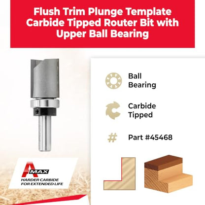 Amana Tool 45468 Carbide Tipped Flush Trim Plunge Template Router Bit 1-1/8 Dia x 1-1/2 x 1/2 Inch Shank with Upper Ball Bearing - size: 1-1/8 Dia x 1-1/2 x 1/2"