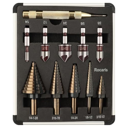 Rocaris 5 Pack Step Drill Bit & 5 Pack Countersink Drill Bit Set with Case