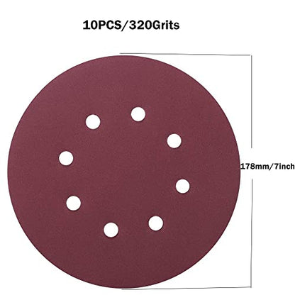 Utoolmart 10pcs 7 Inch 8 Hole Hook and Loop Sanding Disc 320Grit Flocking Sandpaper for Random Orbit Sander - size: 320 Grit