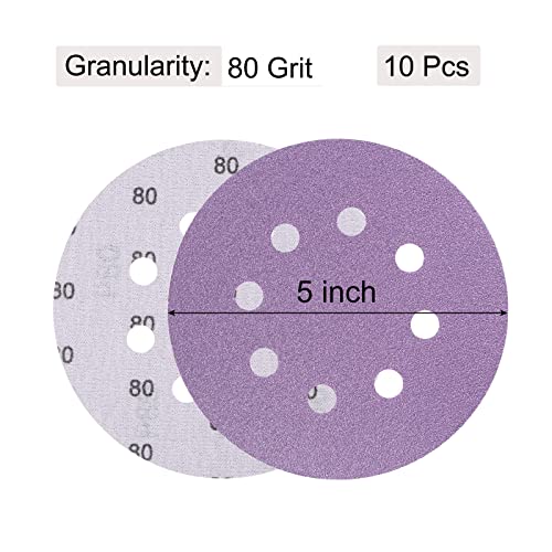 uxcell 10Pcs 5-Inch Purple Sanding Discs 80 Grits 8 Hole Hook and Loop Professional Aluminum Oxide Sand Paper Wet Dry Polish for Wood Metal Paint Finish - style: 80 Grit