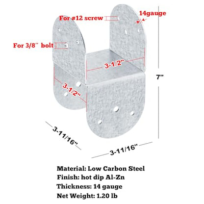 GBGS 4 Pack 4x4 Post Connector,14 Gauge,Silver,Hot Dip AI-Zn
