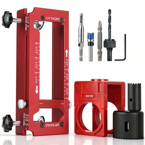Door Hinge Jig & Lock Hole Drilling Kit – Adjustable Aluminum Router Template for Hinge Mortising (2.5"-5", 1/4"R, 5/8"R, Square Corner) – For 1-3/8" & 1-3/4" Thick Doors