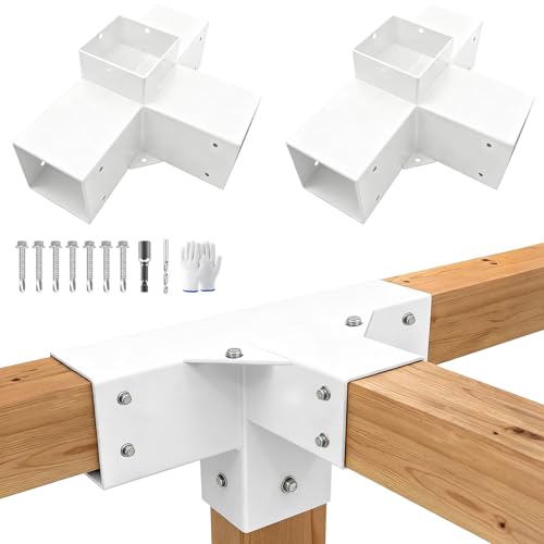 4-Way Pergola Brackets Kit,DIY Right Corner Woodwork White Brackets for 4" x 4" (Actual:3.5"x3.5") Lumber for Patio Pergolas, Gazebos, Log Cabin W/Hardware (2 Pack) - size: 4"x4" - 2pcs, style: White 4-Way