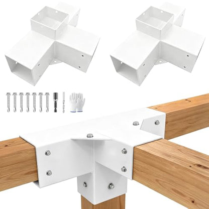 4-Way Pergola Brackets Kit,DIY Right Corner Woodwork White Brackets for 4" x 4" (Actual:3.5"x3.5") Lumber for Patio Pergolas, Gazebos, Log Cabin W/Hardware (2 Pack) - size: 4"x4" - 2pcs, style: White 4-Way