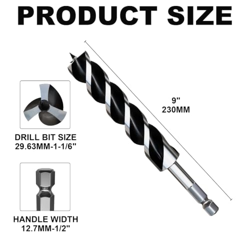 1-1/6"×9" Professional Auger Drill Bit for Wood with Quick Change 1/2" Hex Shank- 3-Cutter Design with Dual-Flute for Fast Chip Removal, Fits Hardwood, Softwood, PVC, Drywall & Tree Stumps - size: 1-1/6"×9"