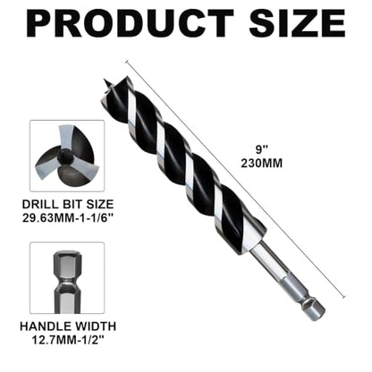 1-1/6"×9" Professional Auger Drill Bit for Wood with Quick Change 1/2" Hex Shank- 3-Cutter Design with Dual-Flute for Fast Chip Removal, Fits Hardwood, Softwood, PVC, Drywall & Tree Stumps - size: 1-1/6"×9"