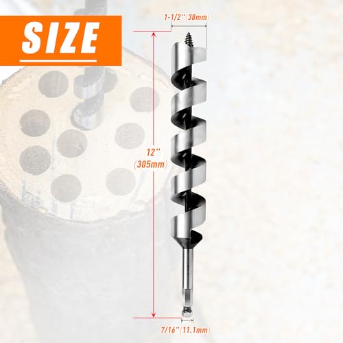 1-1/2 Inch x 12 Inch Auger Drill Bit for Wood,1-1/2 Inch Hex Shank - size: 1-1/2" x 12"