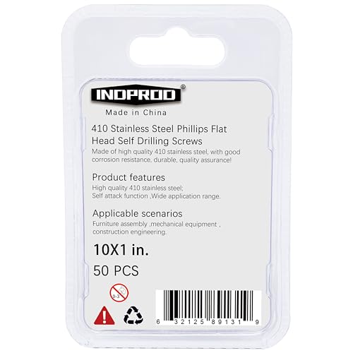 #10 x 1 Sheet Metal Screws, Self Drilling, Phillips Flat Head, Zinc Plated Stainless Steel 410, Self Tapping Tek Wood Screws, #10 x 1-Inch, 50 Pcs - size: #10 x 1"