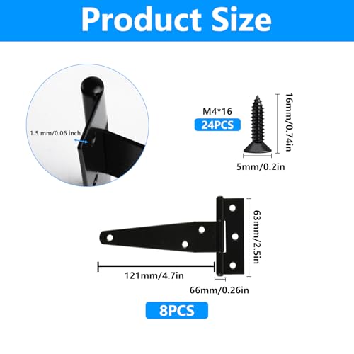 8 Pack 4 Inch T Strap Hinges Heavy Duty Black Outdoor Tee Hinge - size: 4 Inch