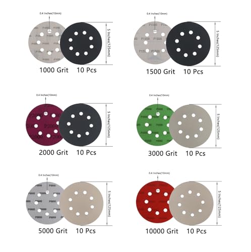 60 Pcs 5 Inch 8 Hole 1000/1500/2000/3000/5000/10000 Grit Wet and Dry Sanding Discs, Round Hook and Loop Disc Sandpaper for Random Orbital Sanders - style: Mix 1000-10000 Grit