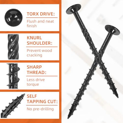 #14 x 3 Wood Structural Screws, Wood Screws, 200Pcs Lag Screws 3 Inch, Rust Resistant, Washer Head, Black Coated, Star Drive with Bit - size: #14 x 3"