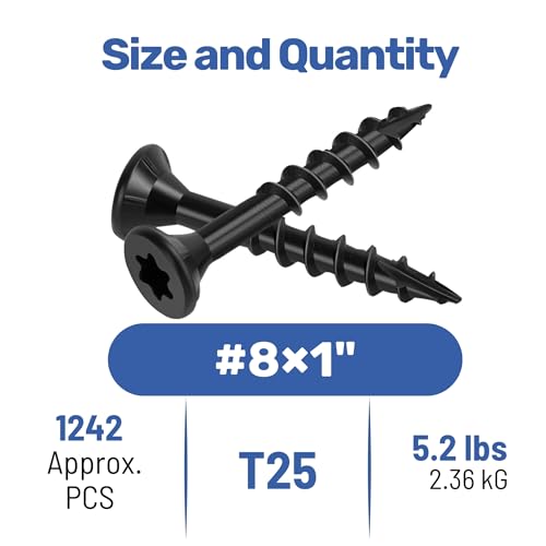 WELLOCKS #8 x 1 in Black Deck Screws, 5.2 lbs with T25 Bit - size: #8×1", style: 5.2LBS Black
