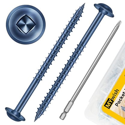Mywish 600Pcs Pocket Hole Screws 2-1/2 Inch, Wood Screws #8 x 2-1/2" Washer Head Square Drive Self Tapping Pocket Screws, Blue Coated, with 150MM Pocket Hole Drill Bit - color: Blue-Coated, size: #8 x 2-1/2"