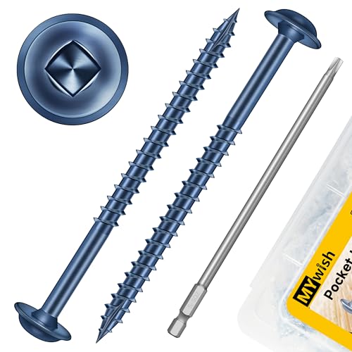 Mywish 100Pcs Pocket Hole Screws 2-1/2 Inch, Wood Screws #8 x 2-1/2" Washer Head Square Drive Self Tapping Pocket Screws, Blue Coated, with 150MM Pocket Hole Drill Bit - color: Blue-Coated, size: #8 x 2-1/2"
