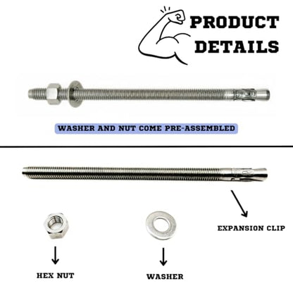 Mighty Fasteners 304 Stainless Steel Wedge Anchors 1/2" X 9" - 5 Pack - size: 1/2" X 9"