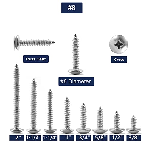 #8 x 1/2" Wood Screw 100Pcs Truss Head Phillips 18-8 (304) Stainless Steel Fast Self Tapping Screws by SG TZH - size: #8 x 1/2"