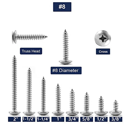#8 x 1/2" Wood Screw 100Pcs Truss Head Phillips 18-8 (304) Stainless Steel Fast Self Tapping Screws by SG TZH - size: #8 x 1/2"