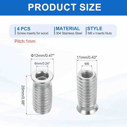 MECCANIXITY 4Pcs Threaded Inserts Nuts, M6x25mm Hex Socket Drive Nut Inserts for Wood - 304 Stainless Steel Screws Furniture Screw in Nuts Bolt Fastener Connector Wood - size: M6x25mm
