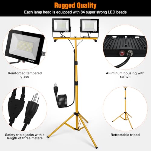 LED Work Lights with Stand, 14000 Lumen, 2-Head Adjustable Work Light