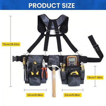 Tool Belt with Suspenders, 18-Pocket Combo Harness System with Magnetic Pouches, Heavy Duty Detachable Utility Bags Adjustable 32"-66" Waist for Electricians, Carpenters, Framers (Camouflage) - color: Camouflage