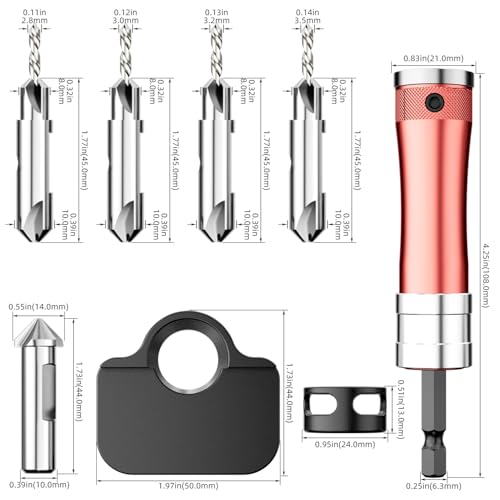 10 in 1 Multifunctional Countersink Drill Bit Set with Red Aluminum Handle Adjustable Depth Limit Countersink Drill Bits for Wood Professional Woodworking Tool Kit Making the Cut Store