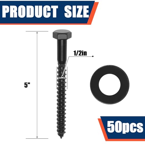 Tandefio 50 Pack 1/2''X 5'' Lag Bolts Screw with Washer Galvanized, Black - size: 1/2''x 5''