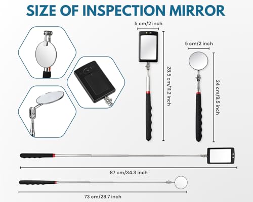DS. DISTINCTIVE STYLE 2 Pack Telescoping Inspection Mirror, Flexible Round Mechanic Mirror and Lighted Rectangular Extendable Mirror, Automotive Mirror for Inspection Viewing, Mechanic Checking