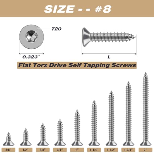 #8 x 3/4" Torx Flat Head Sheet Metal Screws, 304 Stainless Steel Countersunk Head Self Tapping Screws, Pack of 100 with Torx Bit - size: #8 x 3/4