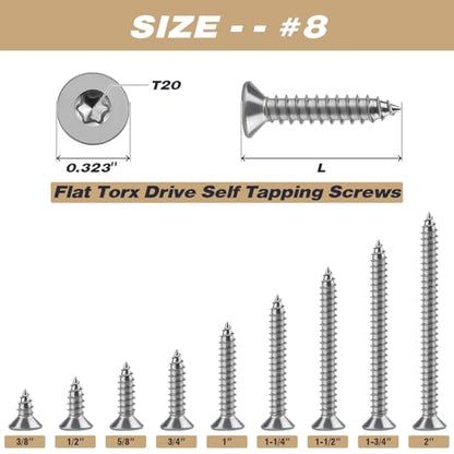 #8 x 3/4" Torx Flat Head Sheet Metal Screws, 304 Stainless Steel Countersunk Head Self Tapping Screws, Pack of 100 with Torx Bit - size: #8 x 3/4