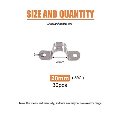 Keadic 30Pcs M20 Two Hole Strap U Bracket Tube Strap Tension Clips Stainless Steel Heavy Duty Rigid Pipe Strap Clamp, for Pipe Fixing - size: 3/4"-30pcs