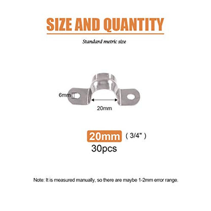 Keadic 30Pcs M20 Two Hole Strap U Bracket Tube Strap Tension Clips Stainless Steel Heavy Duty Rigid Pipe Strap Clamp, for Pipe Fixing - size: 3/4"-30pcs