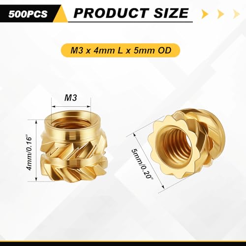 Yaocom 500 Pcs M3 Threaded Inserts M3 x D5 x L4 Heat Set Inserts - size: M3 X D5 X L4