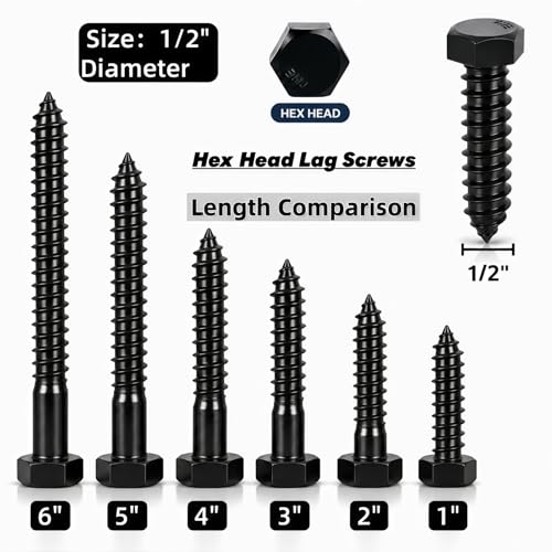 1/2" x 3" Hex Head Lag Screws (5 Pcs) with Washers – Heavy Duty Black Oxide 304 Stainless Steel Bolts 18-8, Wood, Roofing & Construction (Partial Thread) - size: 1/2"x3"