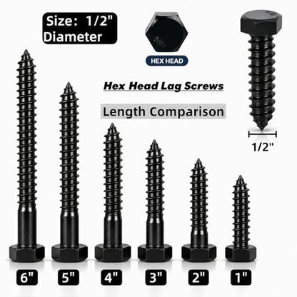 1/2" x 3" Hex Head Lag Screws (5 Pcs) with Washers – Heavy Duty Black Oxide 304 Stainless Steel Bolts 18-8, Wood, Roofing & Construction (Partial Thread) - size: 1/2"x3"
