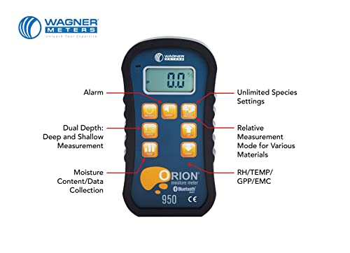 Orion® 950 Pinless Wood Moisture Meter by Wagner Meters I Accurate, Non-Damaging, Dual Depth Lumber Moisture Measurement, Bluetooth, Auto EMC, GPP/GPK & Dew Point Calculations (NIST Traceable) - size: Traceable Calibrator - NIST