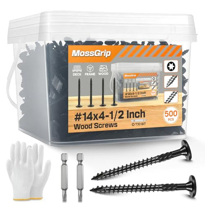 #14 x 4-1/2" Lag Screws 500Pcs - Structural Screw for Outdoor Wood, Furniture, Deck & Framing, Black Wood Screws, Rust Resistant, Includes T30 Star Bit & Gloves - size: #14x4-1/2in 500pcs